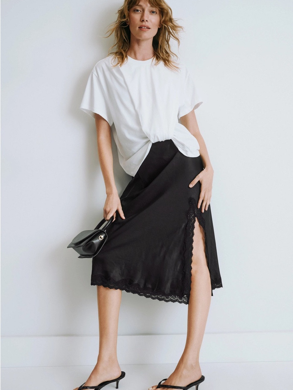 Lace-Trim Black Midi Slip Skirt with Side Slit - Women